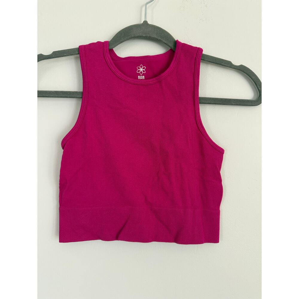 Ribbed High Neck Pink Cropped Tank by Aura, size small